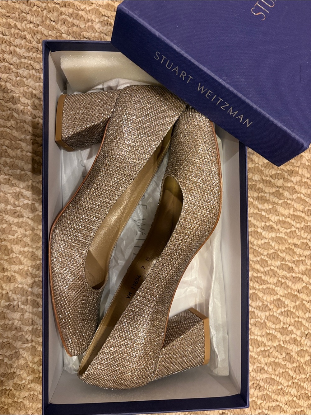 Stuart Weitzman Sparkling Gold Square-Toe Heels